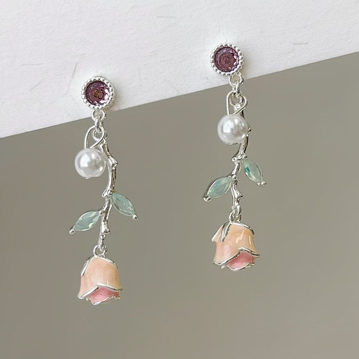 Pink Rosebud Pearl And Leaf Drop Earrings Fashion Jewelry