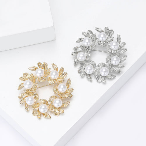 Silver pearl wreath brooch close-up product view