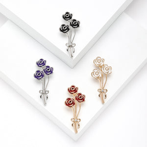 Three-Rose Enamel Bouquet Brooch with Tied Alloy Stems and Bow