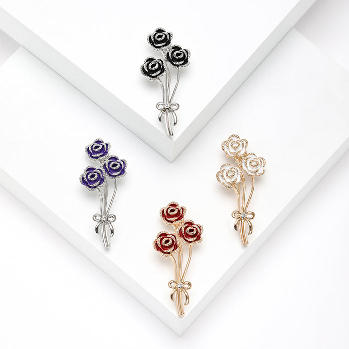 Three-Rose Bouquet Brooch In Metal With Enamel Roses On Slender Tied Stems