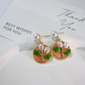 Gold Round Enamel Floral Pearl Drop Earrings 9 Colorways view 7