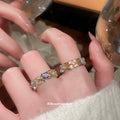 Gold Enamel Flower Open Band Ring Pink Blue Accents view 2