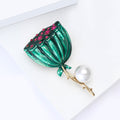 Green Enamel Lotus Seed Pod Brooch Pearl Pink Rhinestone Pin view 3