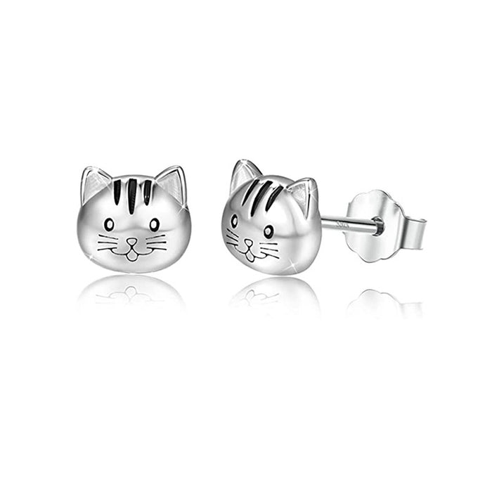 Silver Cat Face Stud Earrings Black Enamel Whiskers