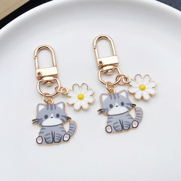 Gray Cat and White Daisy Enamel Clip Keychain Eight-Style Collection