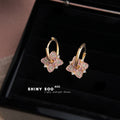 Gold Pink Enamel Floral Hoop Huggie Earrings CZ Accents view 1