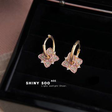 Gold Pink Enamel Floral Hoop Huggie Earrings CZ Accents