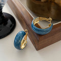 Blue Marbled Wide Hoop Earrings With Gold Tone Edges view 6