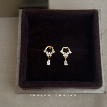 Gold Tone Clear Stone Wreath Bow Teardrop Stud Earrings