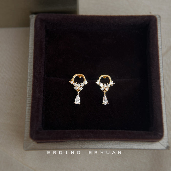 Gold Tone Clear Stone Wreath Bow Teardrop Stud Earrings
