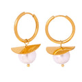 Gold Hoop Earrings White Pearl Curved Metal Disc Drop view 5