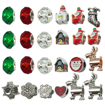 Metallic reindeer and snowflake beads arranged on a light background