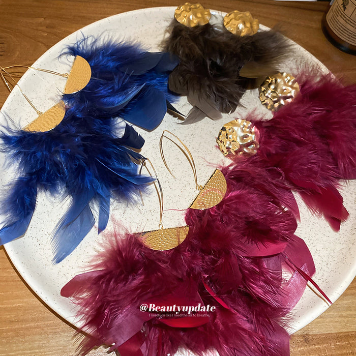 Feather Statement Earrings With Round Textured Studs