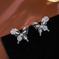 Silver Tone Openwork Butterfly Earrings Crystal Rose Accents view 4