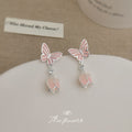 Silver Tone Pink Butterfly And Flower Drop Stud Earrings view 4