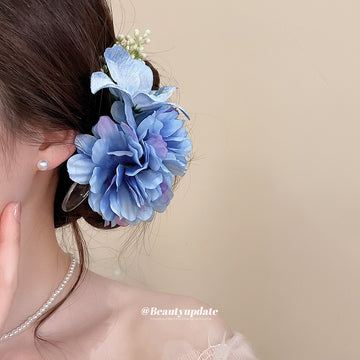 Blue Fabric Peony Butterfly Duckbill Hair Clip Single