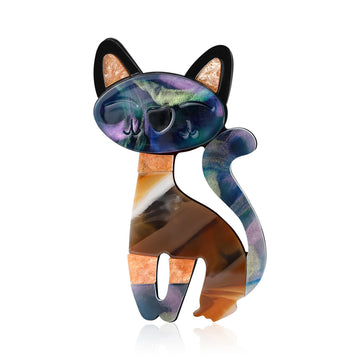 Acrylic Resin Marbled Cat Brooch Blue Brown Purple