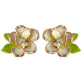Rose Gold Cream Enamel Flower Green Leaf Stud Earrings view 5