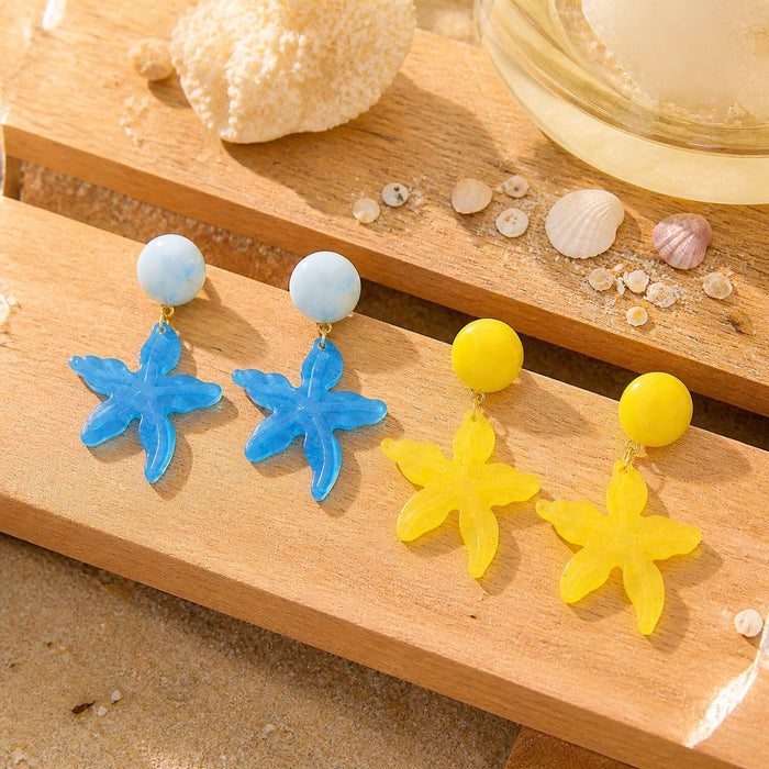 Blue and Yellow Starfish Round Top Statement Earrings