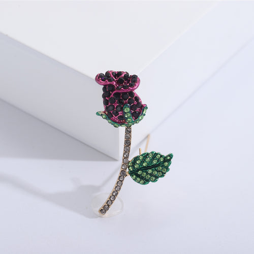 Purple magenta rose brooch black stones green crystal leaf