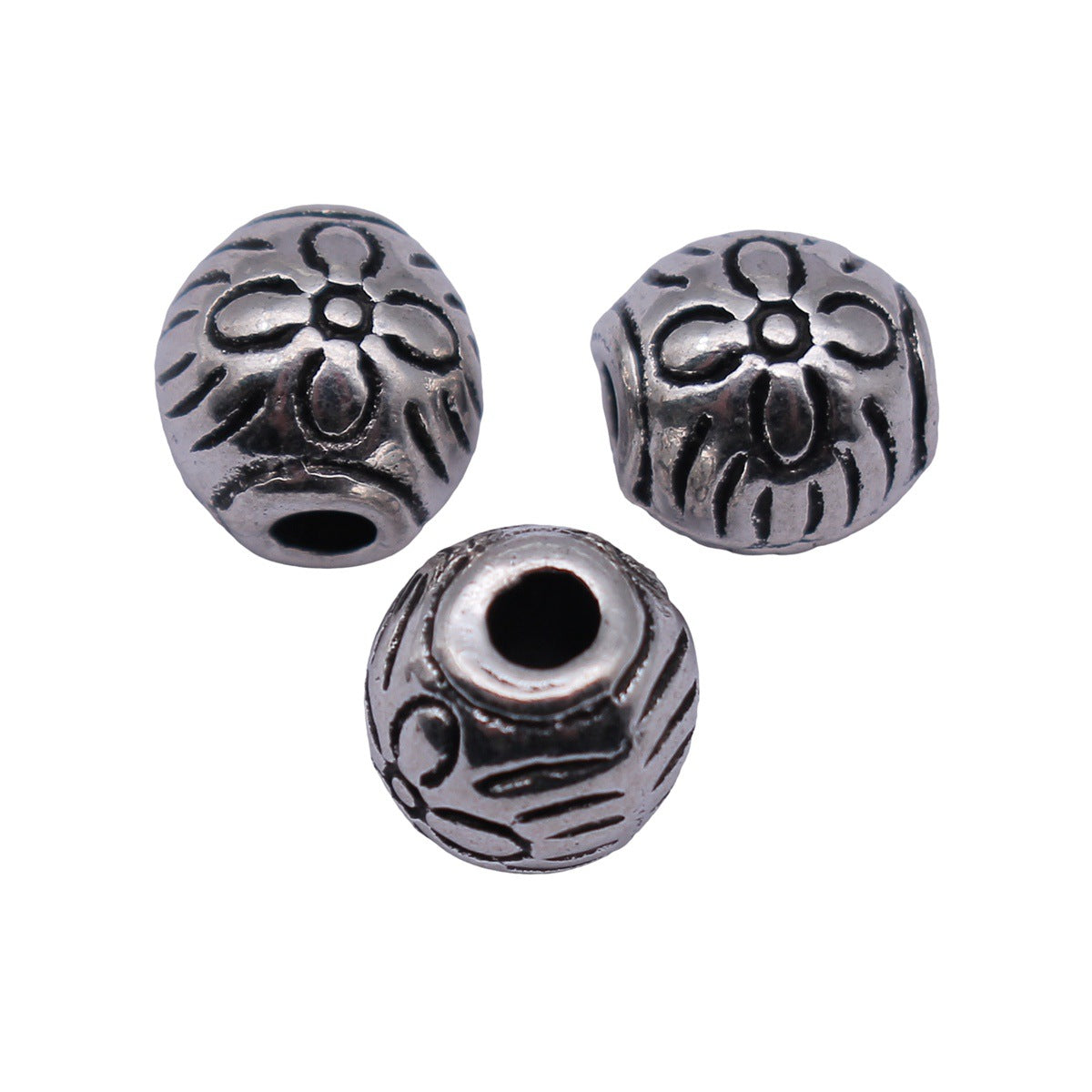 7.9x7.9x7.9mm 1.5g Antique Silver Tone Zinc Alloy Floral Pattern Round Loose Metal Beads for Bracelet DIY Jewelry