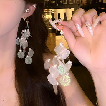 White Sequin Cascade Drop Earrings with Polished Metal Details