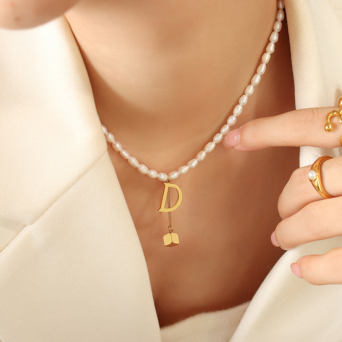 White Pearl Letter D Cube Tassel Pendant Gold Necklace