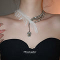 Silver Feather and Crystal Drop Necklace with Layered Chains view 3