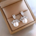 Silver Tone Crystal Leaf and Pearl Look Drop Earrings view 6
