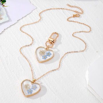 Blue Forget-Me-Not Heart Resin Keychain Necklace 2 Styles