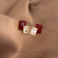 Wine Red Enamel Geometric Square Clear Zircon Stud Earrings view 4