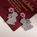 Silver Glitter Rabbit Pink Flower Statement Stud Earrings view 2