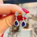 Silver Royal Blue Teardrop Dual Halo CZ Drop Earrings view 2