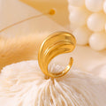 Gold Ribbed Open Cuff Ring With Layered Wave Face Design view 2