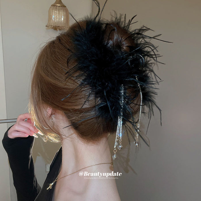 Purple Feather Rhinestone Tassel Shark Claw Hair Clip