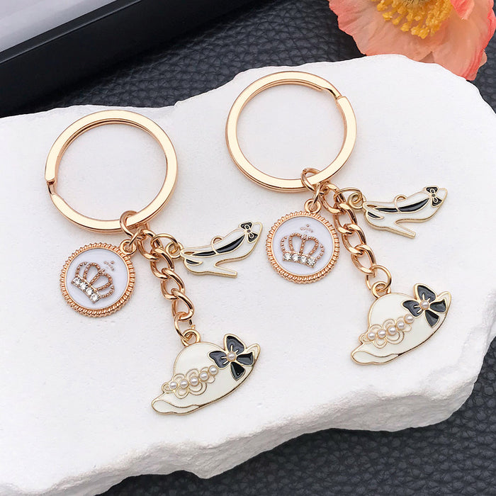 White Pearl-Look Crown Hat and Heel Metal Keychain Pair
