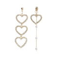 Silver Triple Heart Asymmetrical Long Chain Stud Earrings view 5