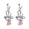 Silver Tone Rose Stem Drop Earrings Pink Translucent Flower view 5