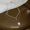 Gold Double Layer Pearl Necklace Heart Pendant Clear Accent view 4