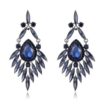 Blue Silver Tone Blue Marquise Feather Tassel Crystal Four Designs Metal Dangle Earrings