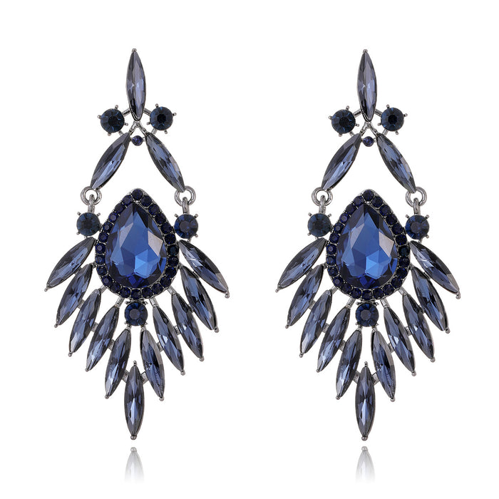 Blue Silver Tone Blue Marquise Feather Tassel Crystal Four Designs Metal Dangle Earrings