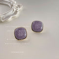 Purple Crackle Glaze Square Stud Earrings Gold Beaded Rim view 1