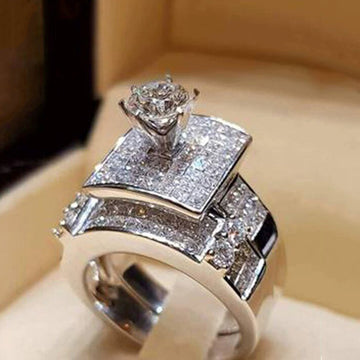 Silver Tone Geometric Layered Square Stone Wide Ring