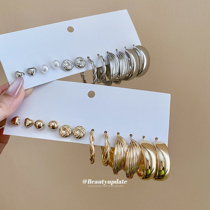 Metal Heart Ball Knot Stud And Hoop Earring 12-Piece Set