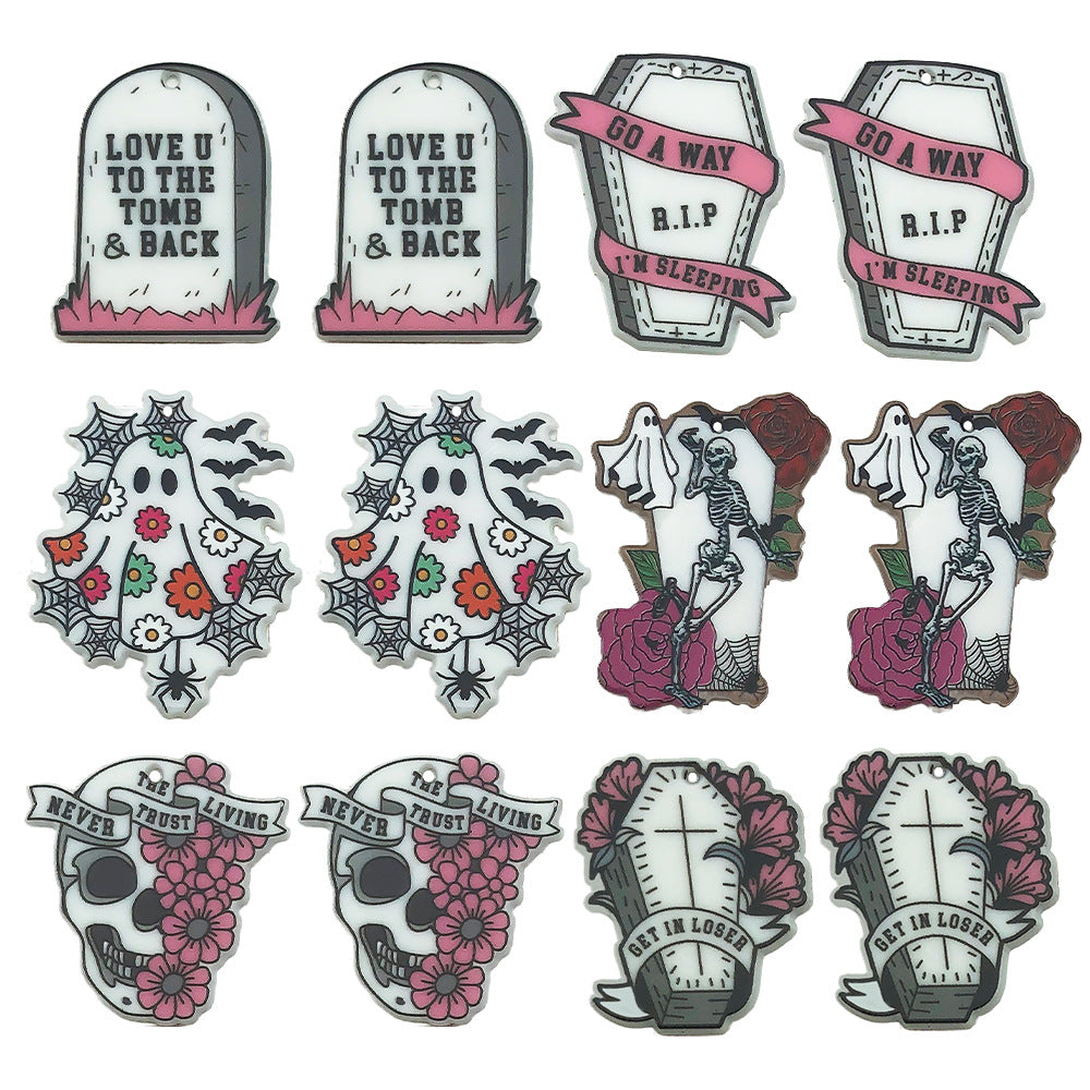 Acrylic Halloween Ghost Skull Tombstone Double Sided Charm Pendant for DIY Jewelry Accessories