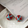 Red Round Domed Enamel Stud Earrings Teal Cross Bands view 6