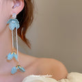 Blue Ribbon Flower Extra Long Chain Tassel Stud Earrings view 3