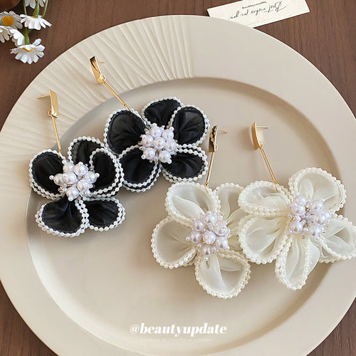 Fabric Flower Drop design in Black and White Colorways shown in a close-up product view