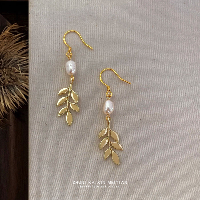 Gold Leaf Dangle Earrings White Pearl Fishhook Ear Wires