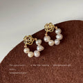 Gold Rose Stud Earrings Freshwater Pearl Open Loop view 4